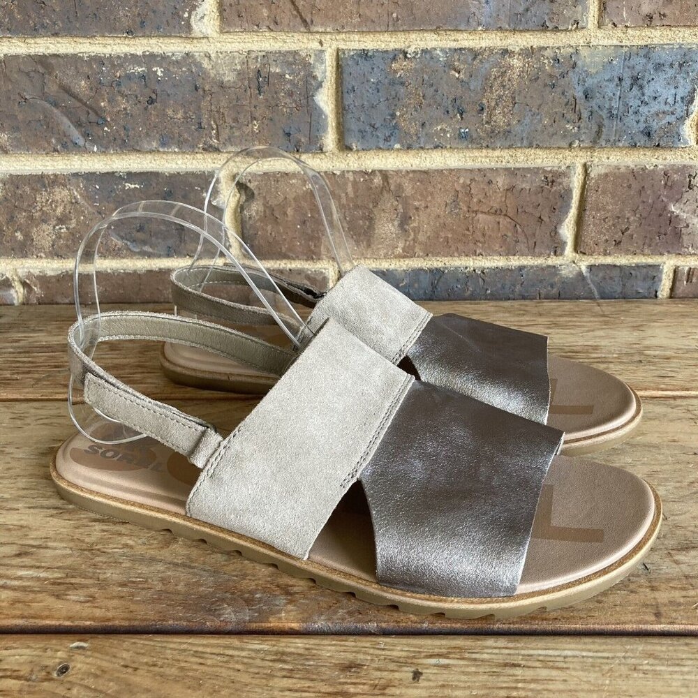 Sorel Womens Ella II Slingback Sandals Ash Brown/Chalk Beige Metallic Sz 11